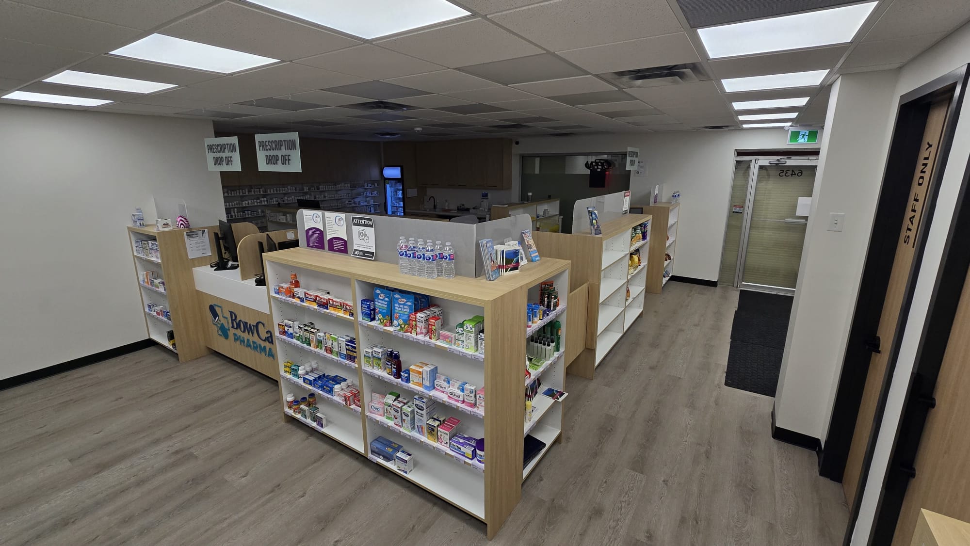 Bow Care Pharmacy prescription drop-off counter with dual workstations